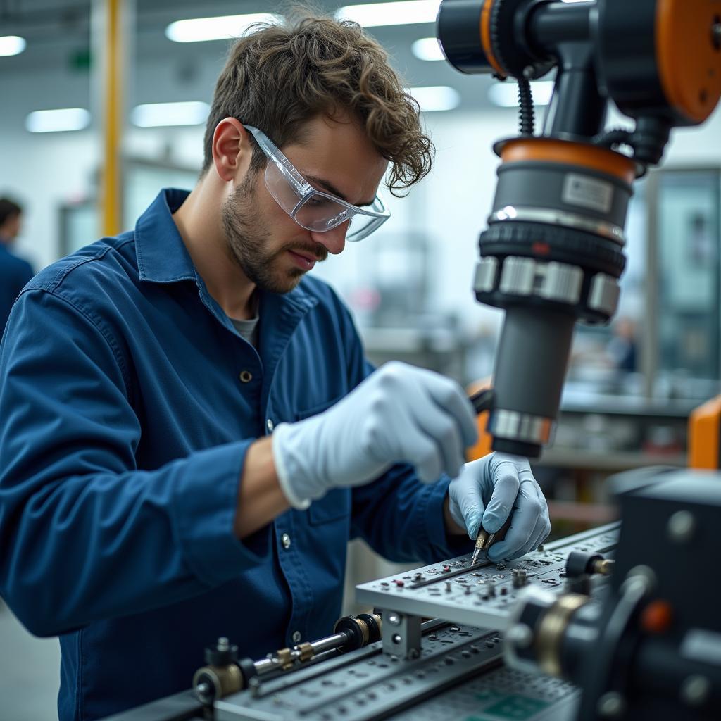 Skilled technician performing essential maintenance on complex automated robotic arm in modern industrial factory.