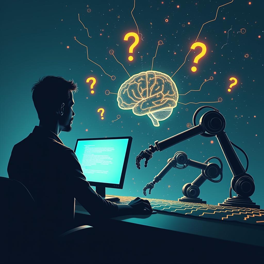 Conceptual image representing risks of technology: data privacy concerns, job automation, and ethical dilemmas in AI development.