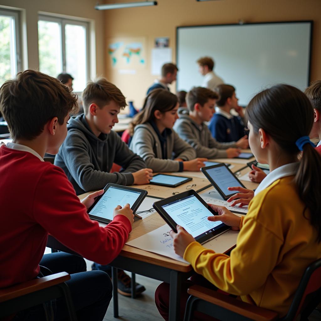 Classroom integrating technology: students use tablets for digital archives in traditional academic subjects.