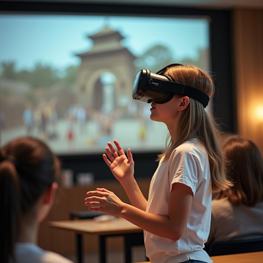 Student using VR for immersive traditional music learning, technology in cultural heritage education.