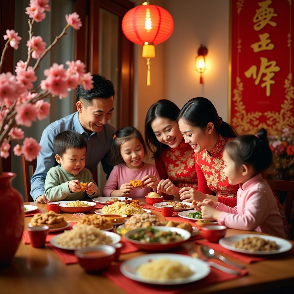 Vibrant Vietnamese Tet Lunar New Year celebration with family, traditional food, and ao dai.