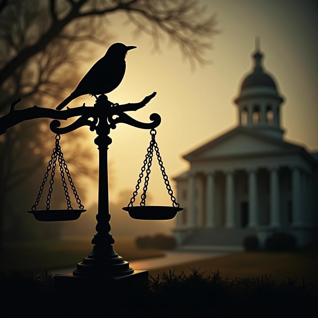 Symbolic representation of 'To Kill a Mockingbird' themes like justice, innocence, moral courage, and racial inequality in the American South.