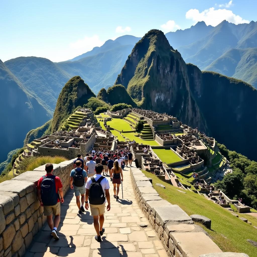 Tourists on Machu Picchu's ancient paths, showing tourism's impact on heritage site degradation and challenges.