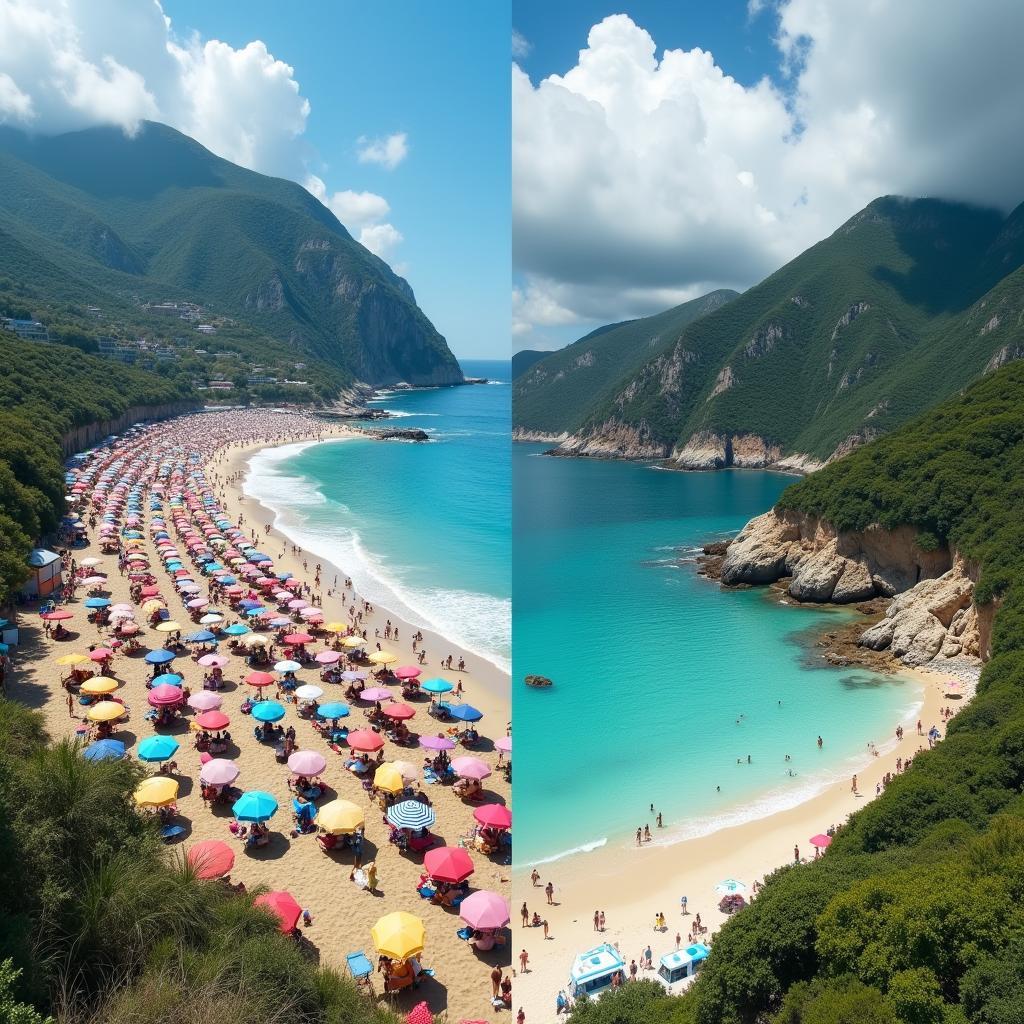 Split image: overcrowded tourist beach versus pristine nature, showing positive and negative tourism impacts clearly.