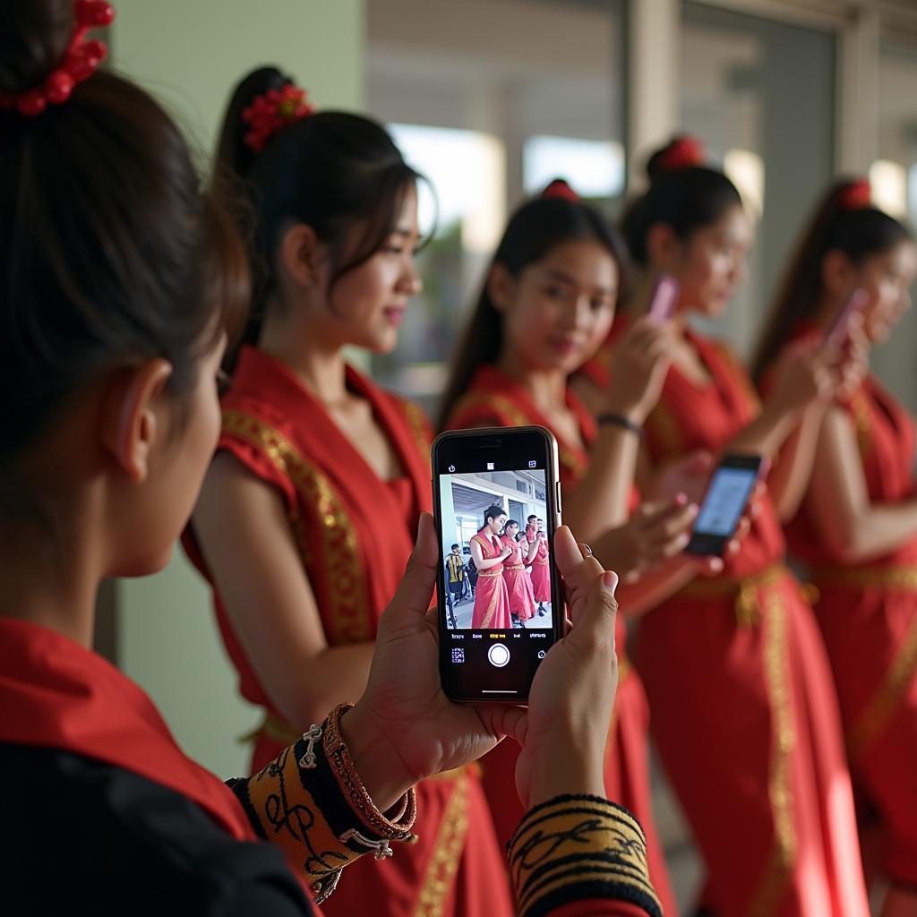 Young people using smartphones to document traditional cultural performance