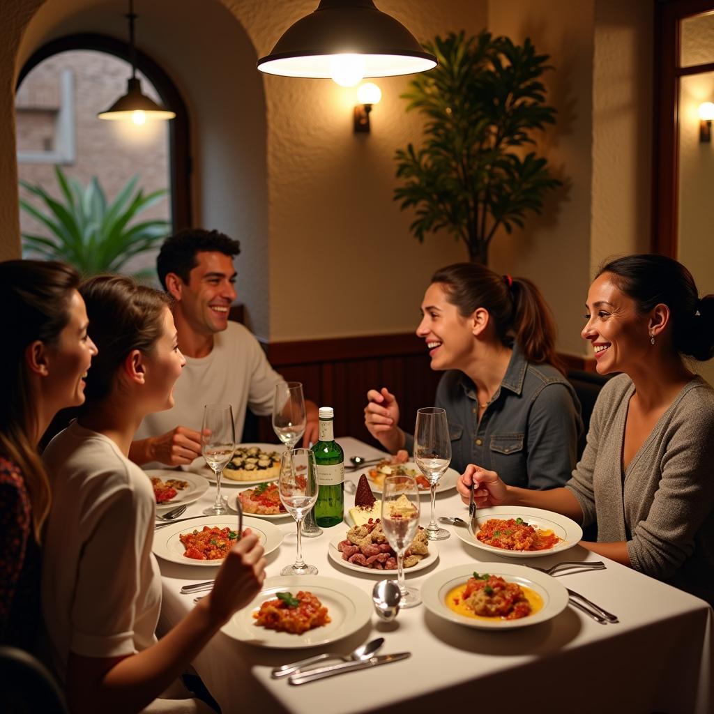 Family enjoying traditional Italian dinner with lasagna and tiramisu at a cozy Rome restaurant.