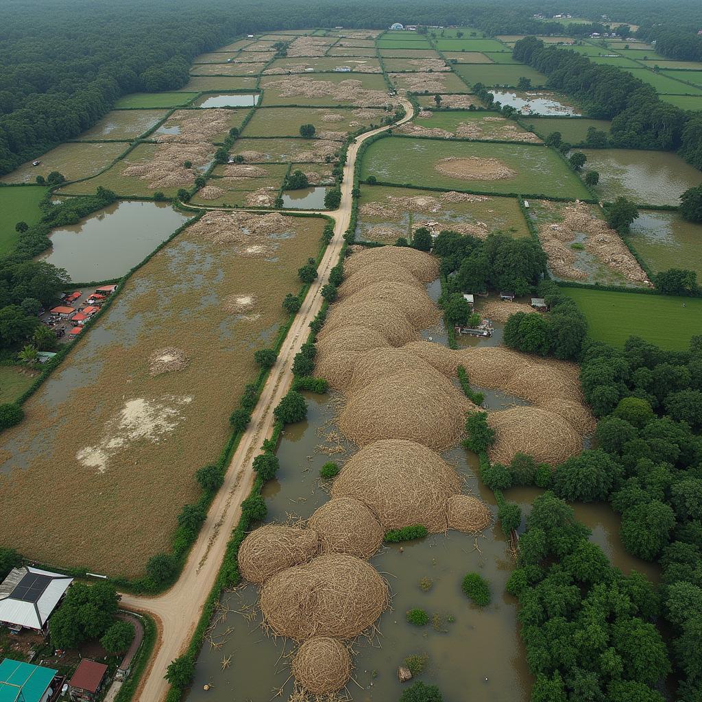Aerial view of agricultural fields devastated by typhoon in Philippines, showcasing crop destruction and food shortage.