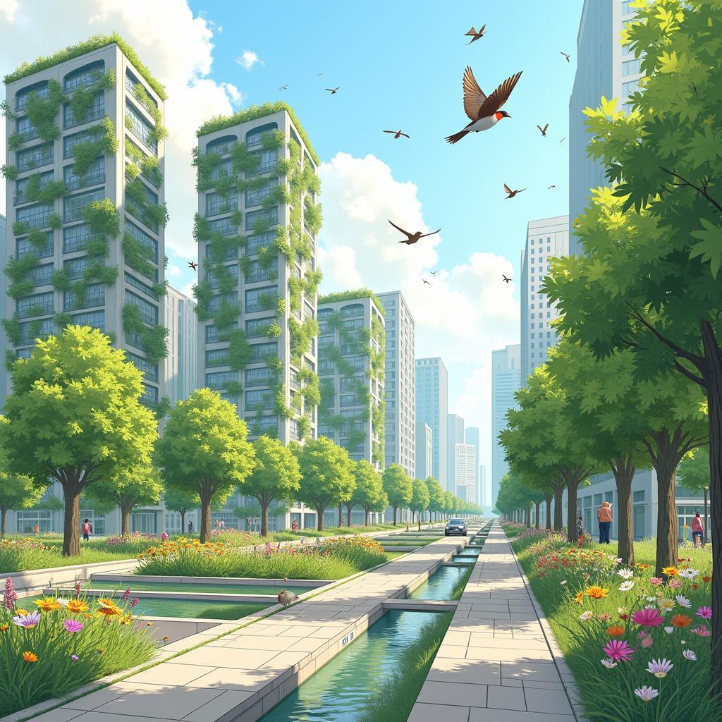 Thriving urban biodiversity with integrated green spaces, balancing city life, nature conservation, and sustainable development.