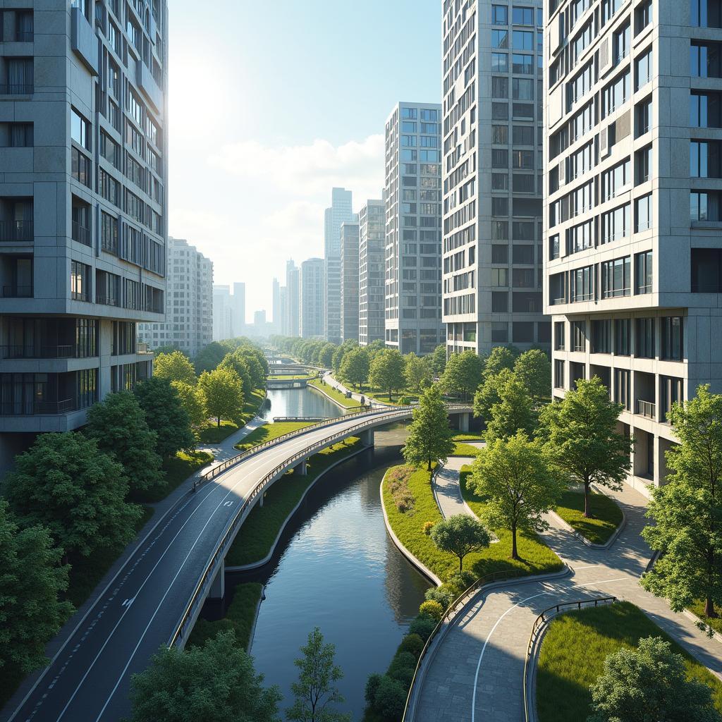 High-density urban development with mixed-use buildings and green spaces