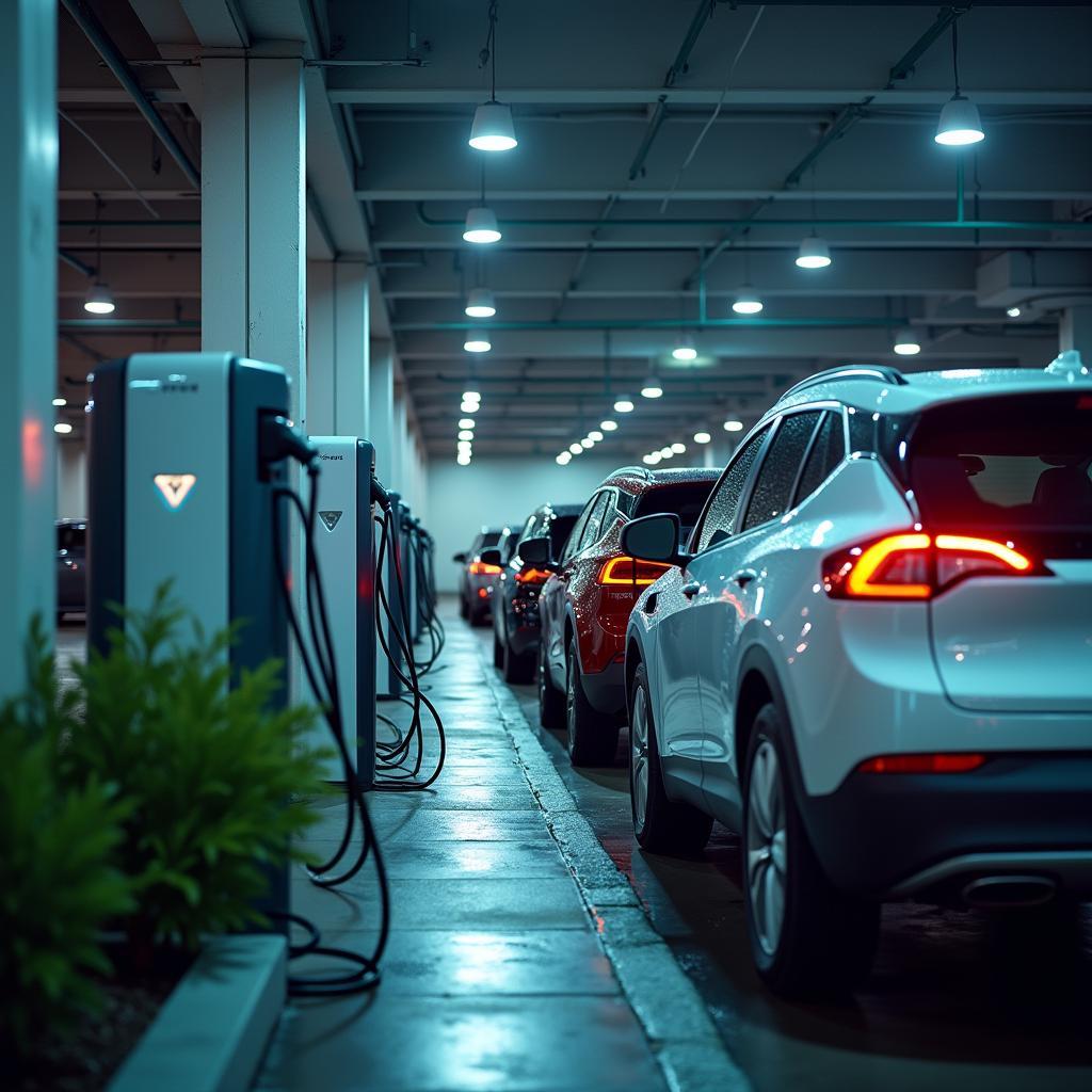 Urban EV charging hub with multiple vehicles, showcasing advanced infrastructure and smart grid technology.