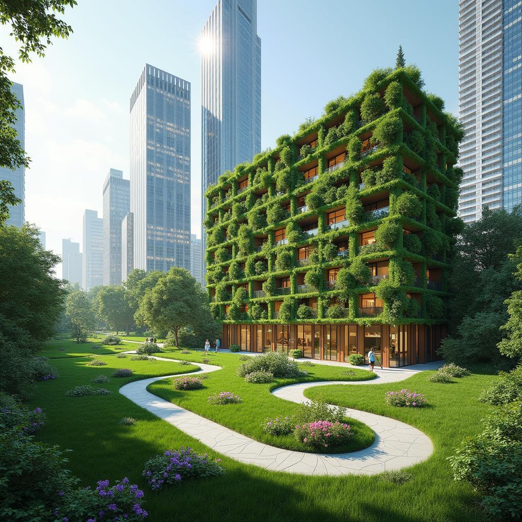 An urban park with lush green spaces, vertical gardens, and trees integrated with modern city buildings, showing nature in the city.