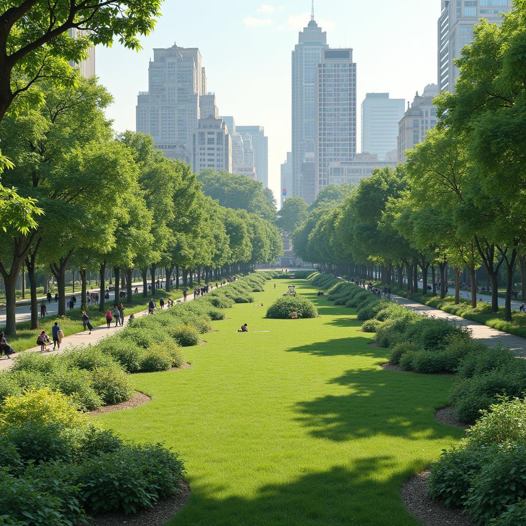 Urban park with lush green spaces and trees aiding city climate adaptation and heat reduction