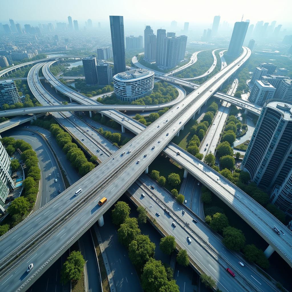 Overview of complex urban infrastructure including roads, bridges, and buildings representing city development.