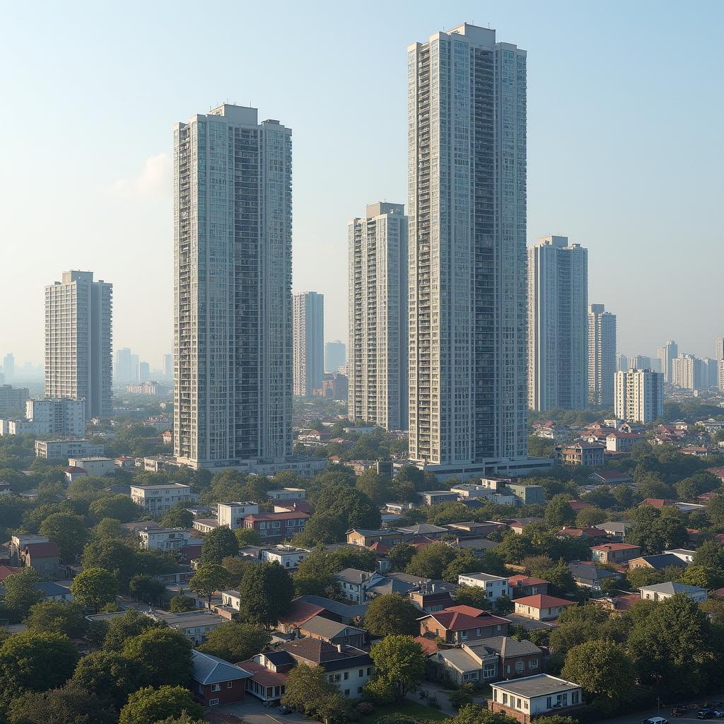 City neighborhood transformation: modern high-rises replace low-rise buildings, altering urban skyline.