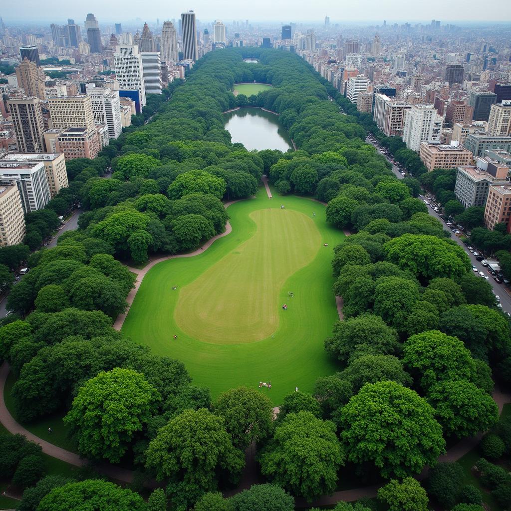 Aerial view of a lush green urban park surrounded by tall city buildings, highlighting its role as a green lung and recreational oasis.