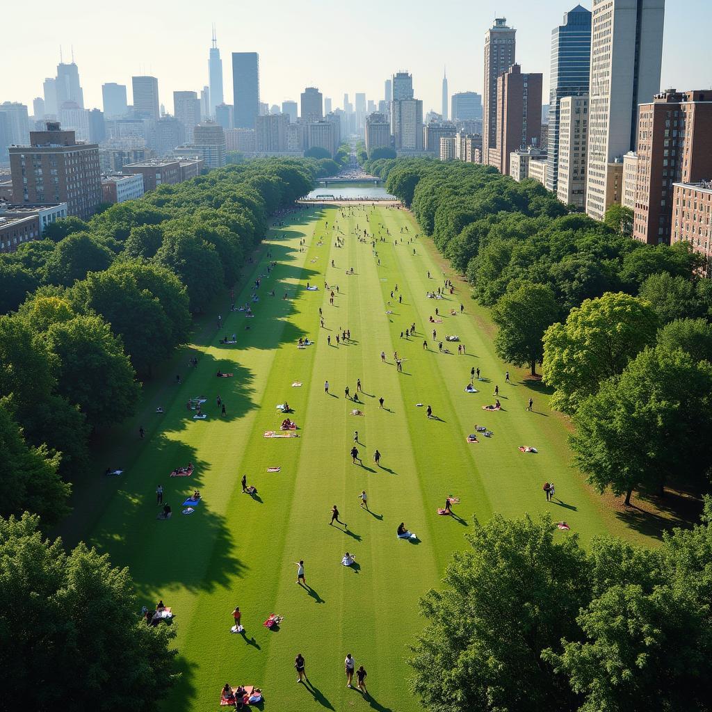 A vibrant city park serving as an essential green space for recreation, improving air quality and urban wellbeing