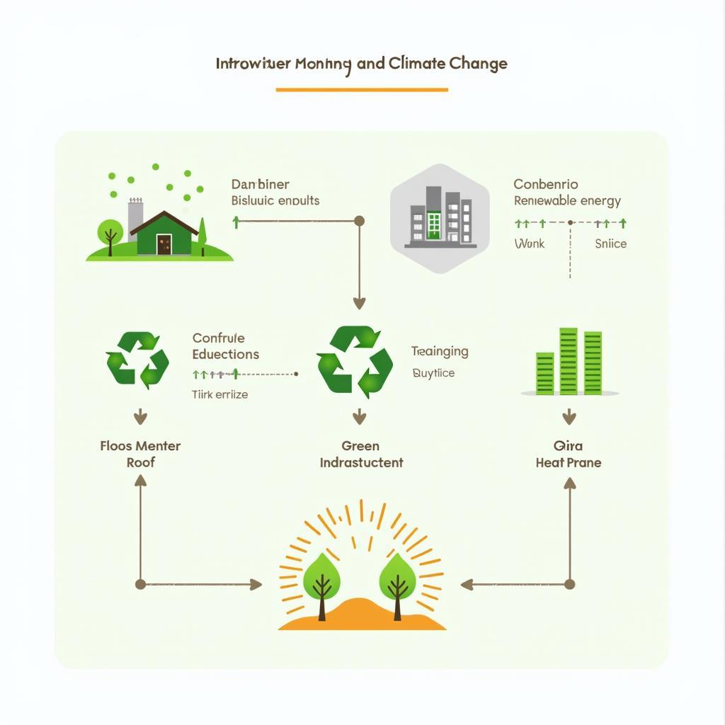 Infographic of urban planning and climate change concepts: green infrastructure, sustainability, and heat island effect