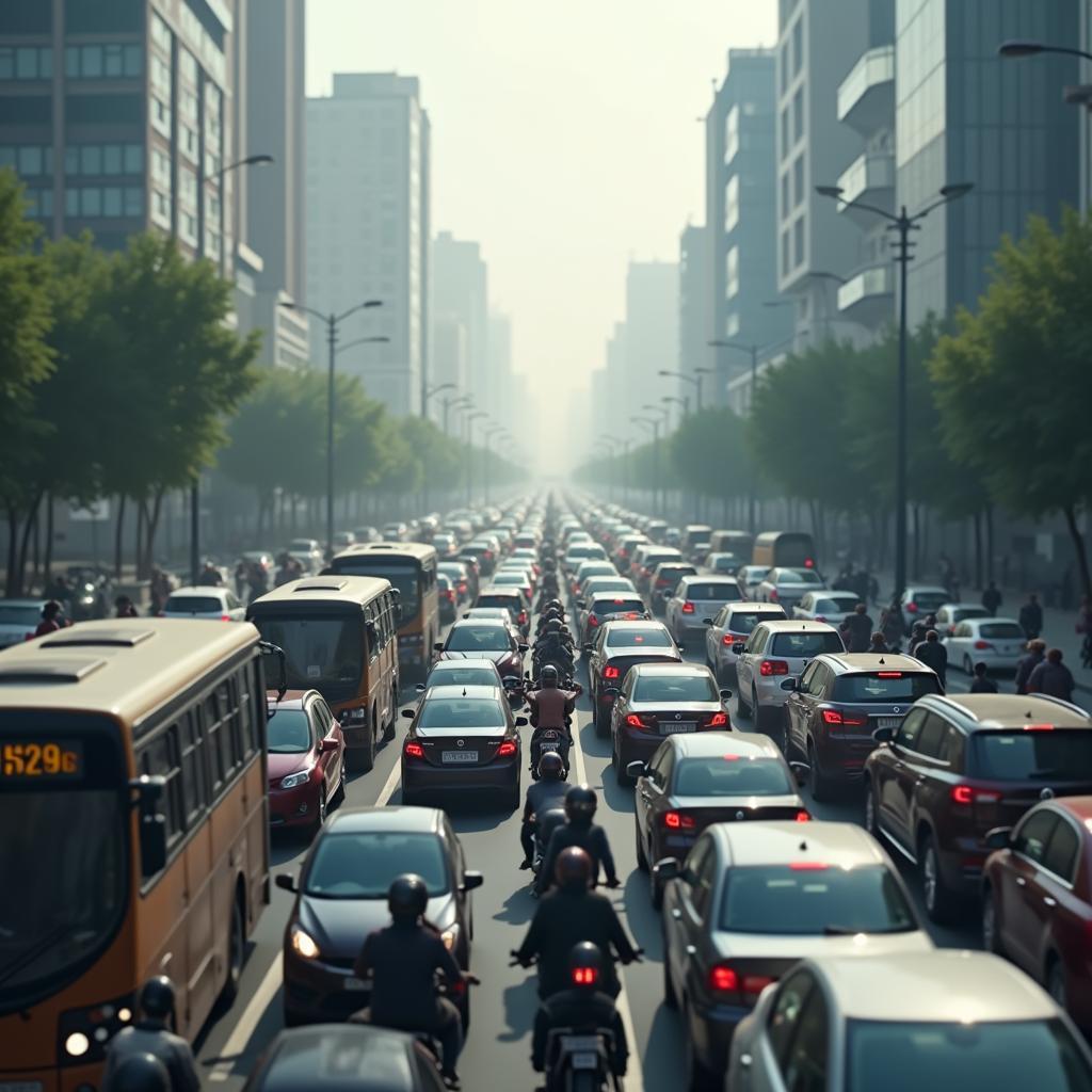 Dense city traffic with cars emitting visible exhaust fumes, symbolizing vehicular air pollution and PM2.5 impact