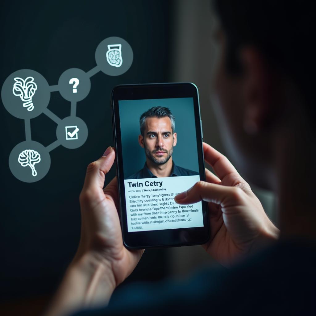 User on tablet critically evaluating online news, digital literacy icons emphasize discerning credible sources.