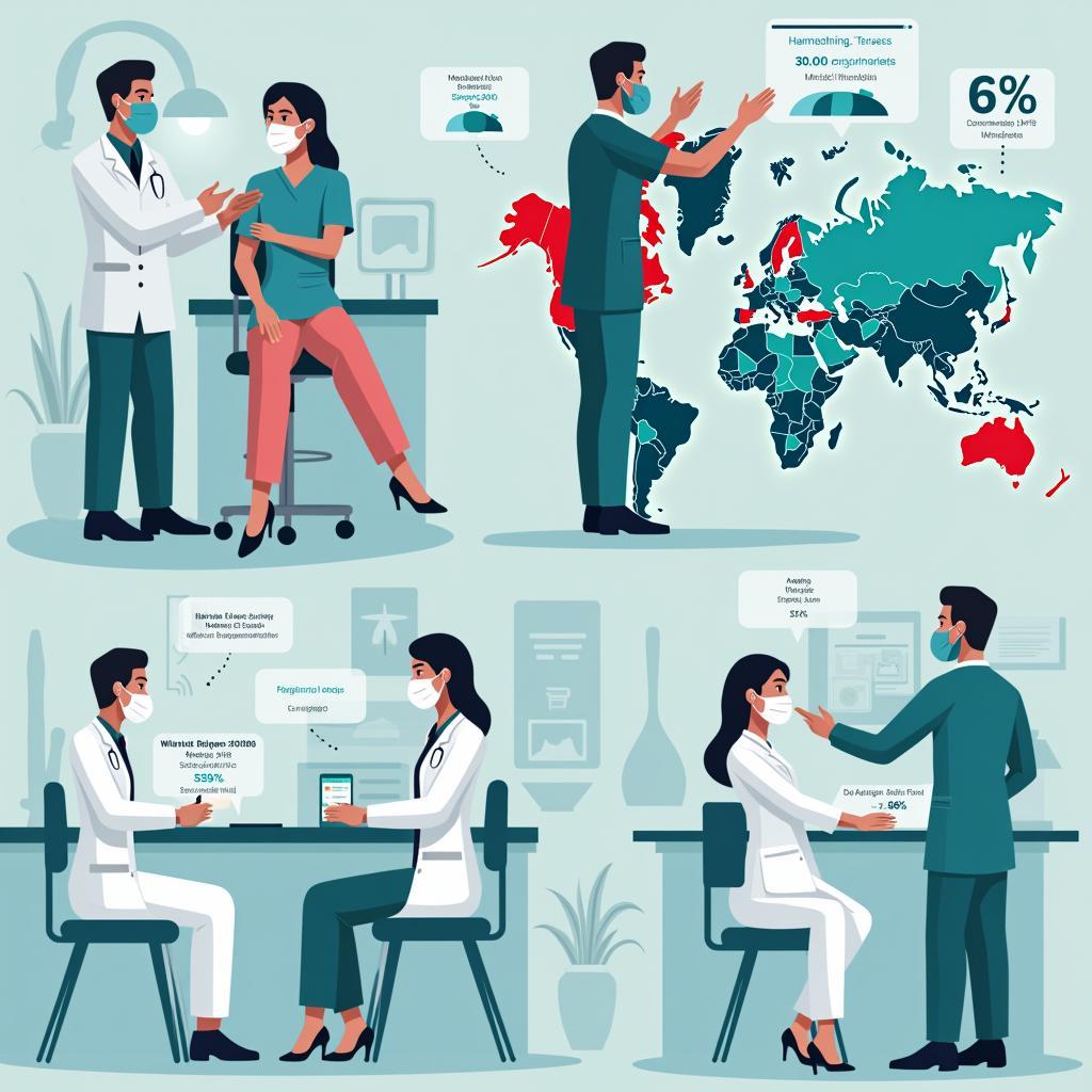 Global vaccination program showing healthcare workers administering vaccines