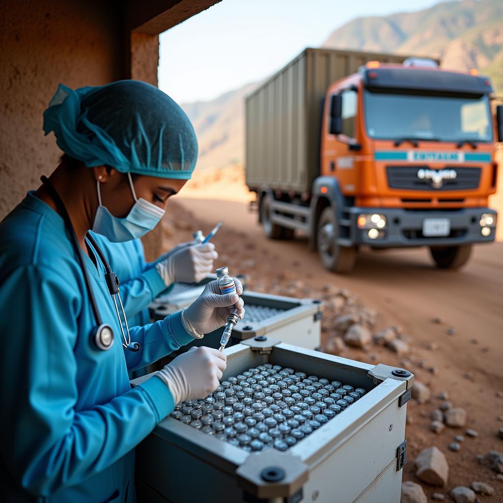 Depiction of logistical challenges in vaccine distribution, such as cold storage and remote area transport.