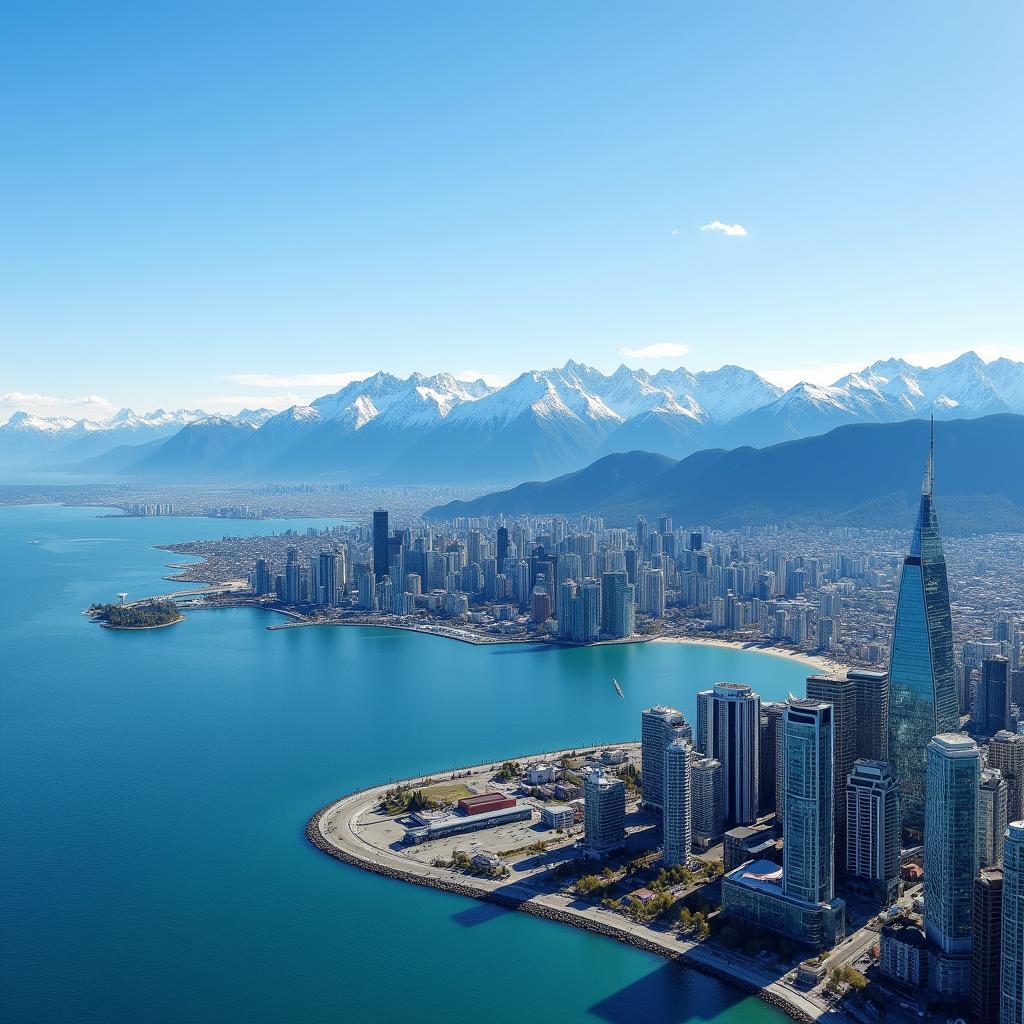 Stunning panoramic view of Vancouver's skyline with majestic mountains and the Pacific Ocean