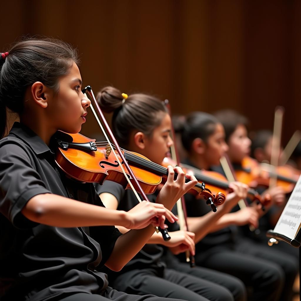 Venezuelan youth orchestra El Sistema performing, music education for social change and cultural development.