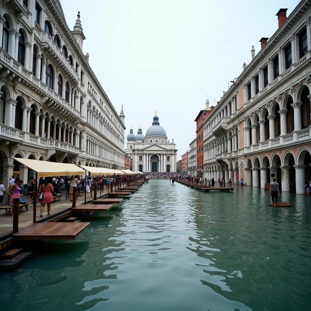 Venice's St. Mark's Square with flood barriers, showing climate impact and critical conservation strategies.