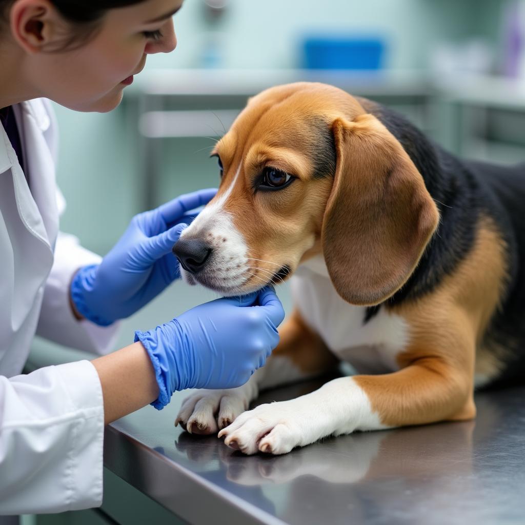 Veterinarian carefully examining a dog's skin and fur on an examination table in a clinic setting
