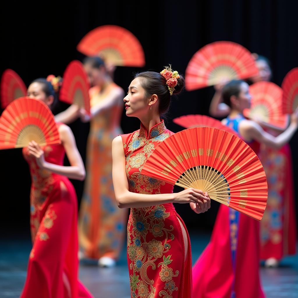 Vietnamese women performing traditional fan dance with ornate fans, showcasing cultural heritage for IELTS preparation.