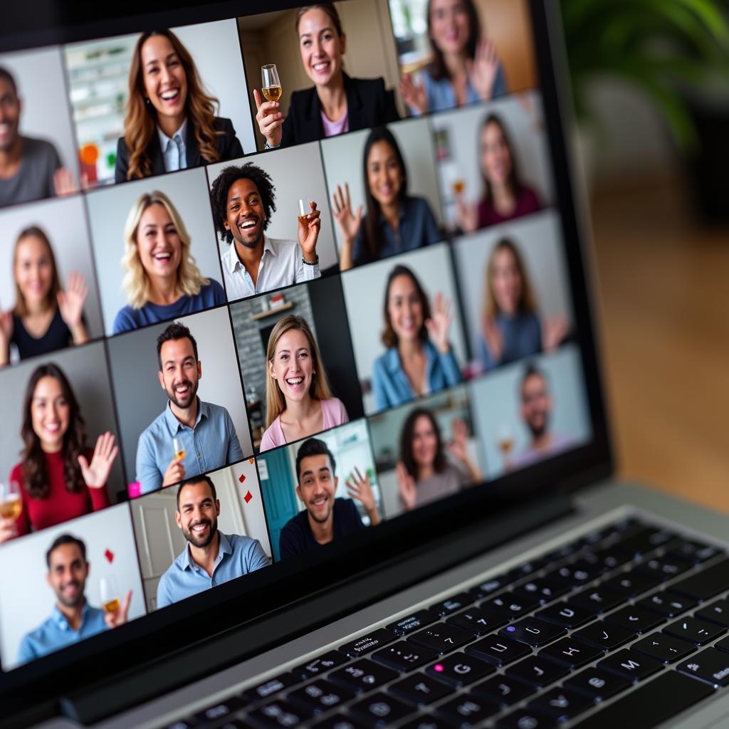 Laptop screen displaying a virtual farewell party, diverse people connected online, highlighting modern celebration technology.