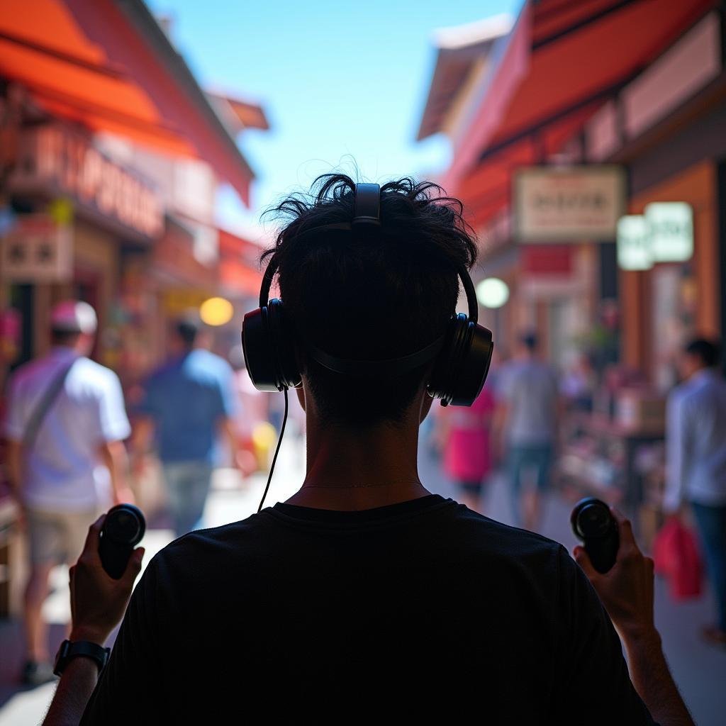 Student wearing VR headset immersed in virtual foreign marketplace for language learning and cultural understanding.