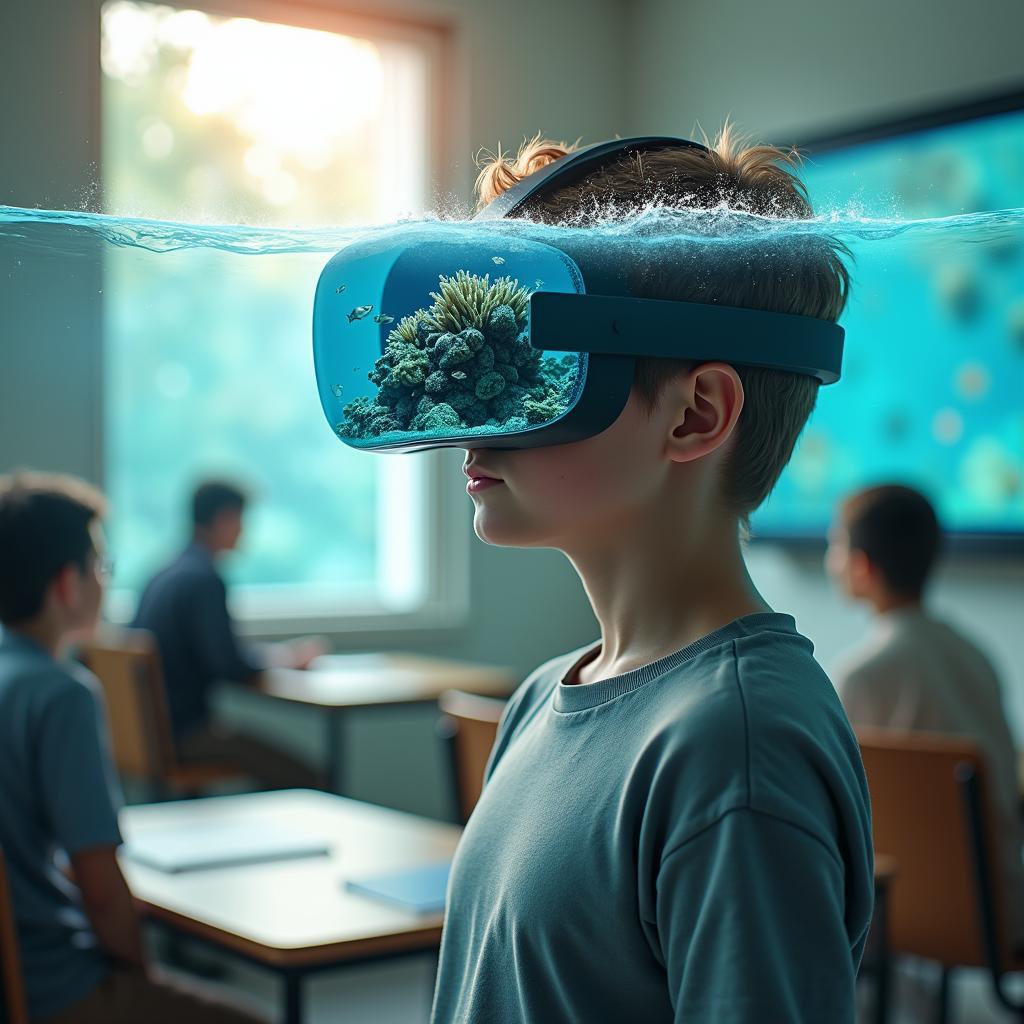 Virtual reality experience showcasing the impact of climate change on an ecosystem, used for immersive environmental education in schools.