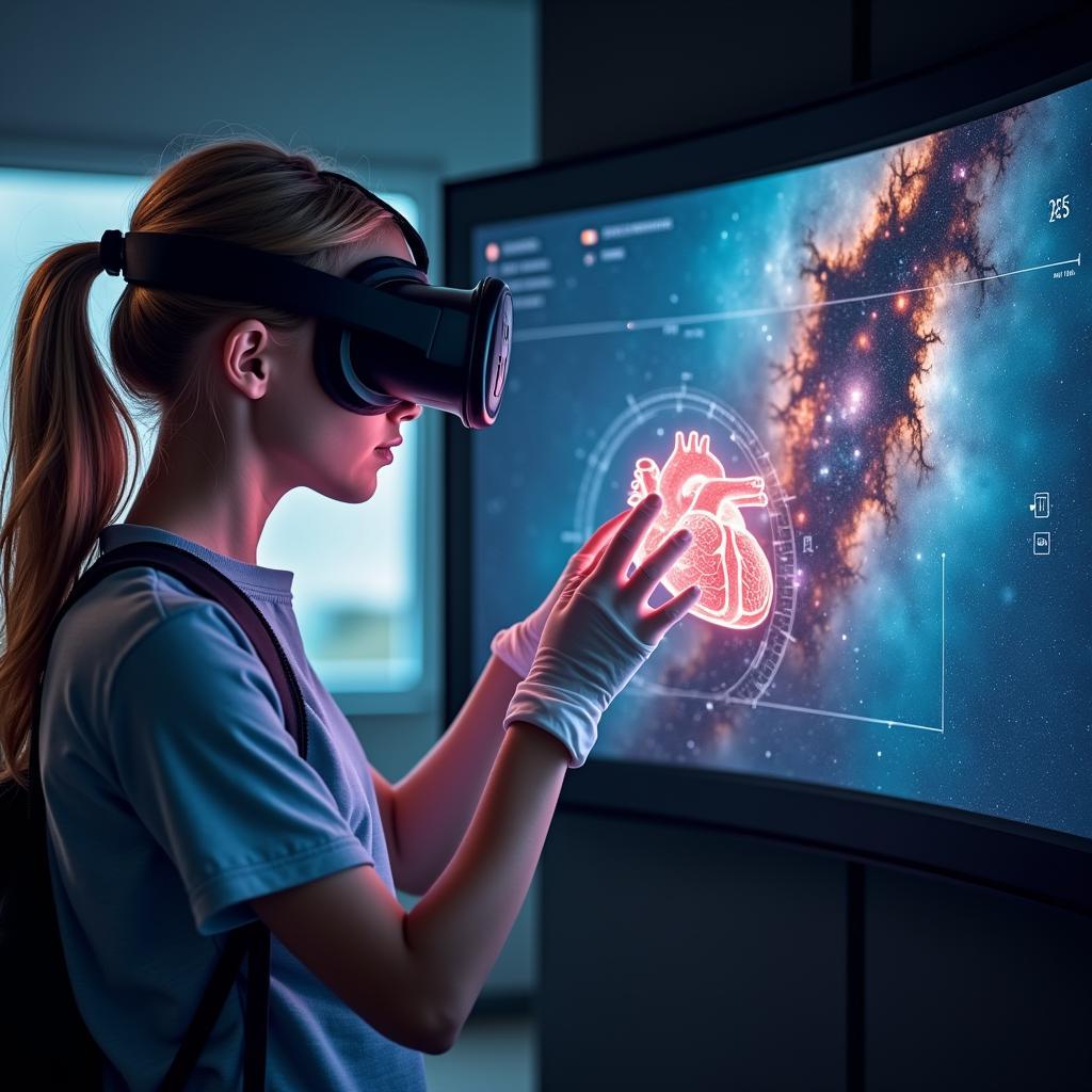 Student experiencing diverse scientific realms like human anatomy and outer space through interactive VR simulation for enhanced learning.