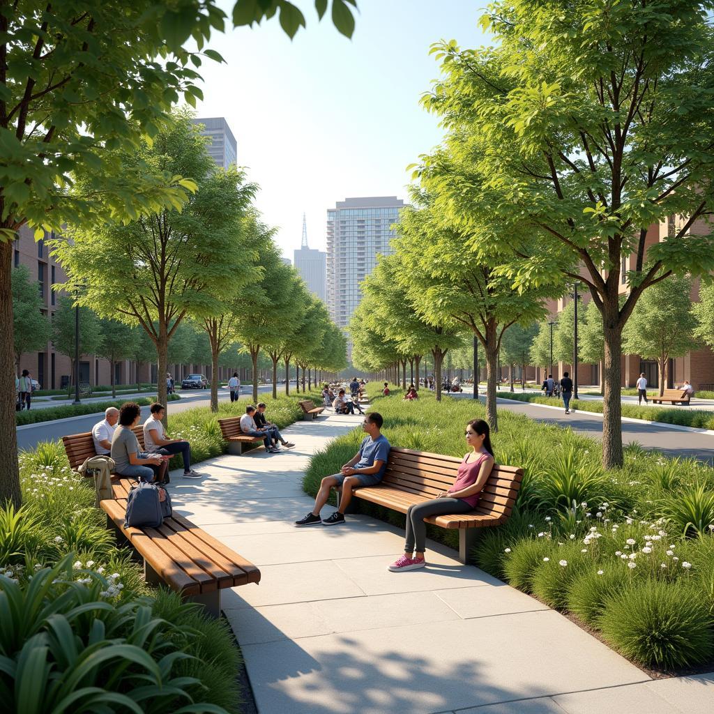 A modern, well-maintained urban park showcasing government investment in sustainable green infrastructure for public well-being.