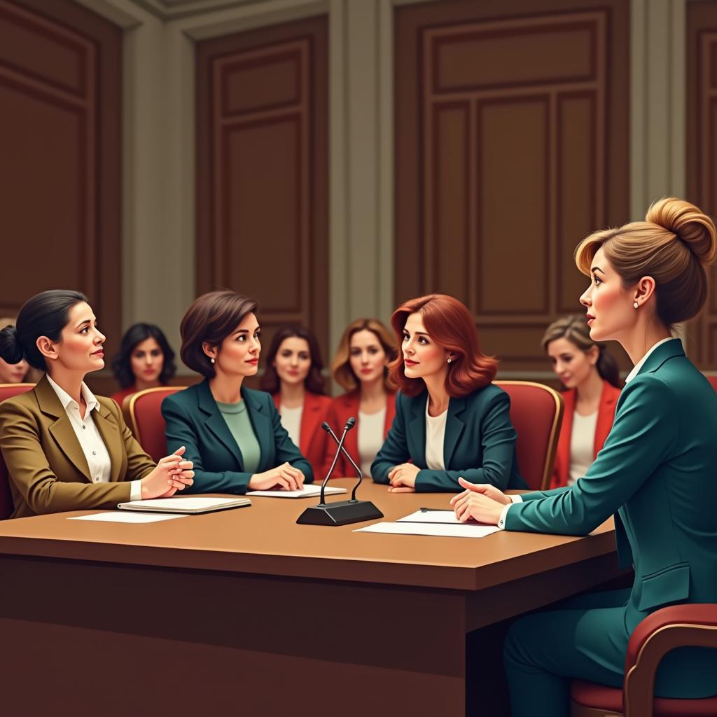 Addressing underrepresentation: diverse women actively participating in leadership and political decision-making roles for equality.