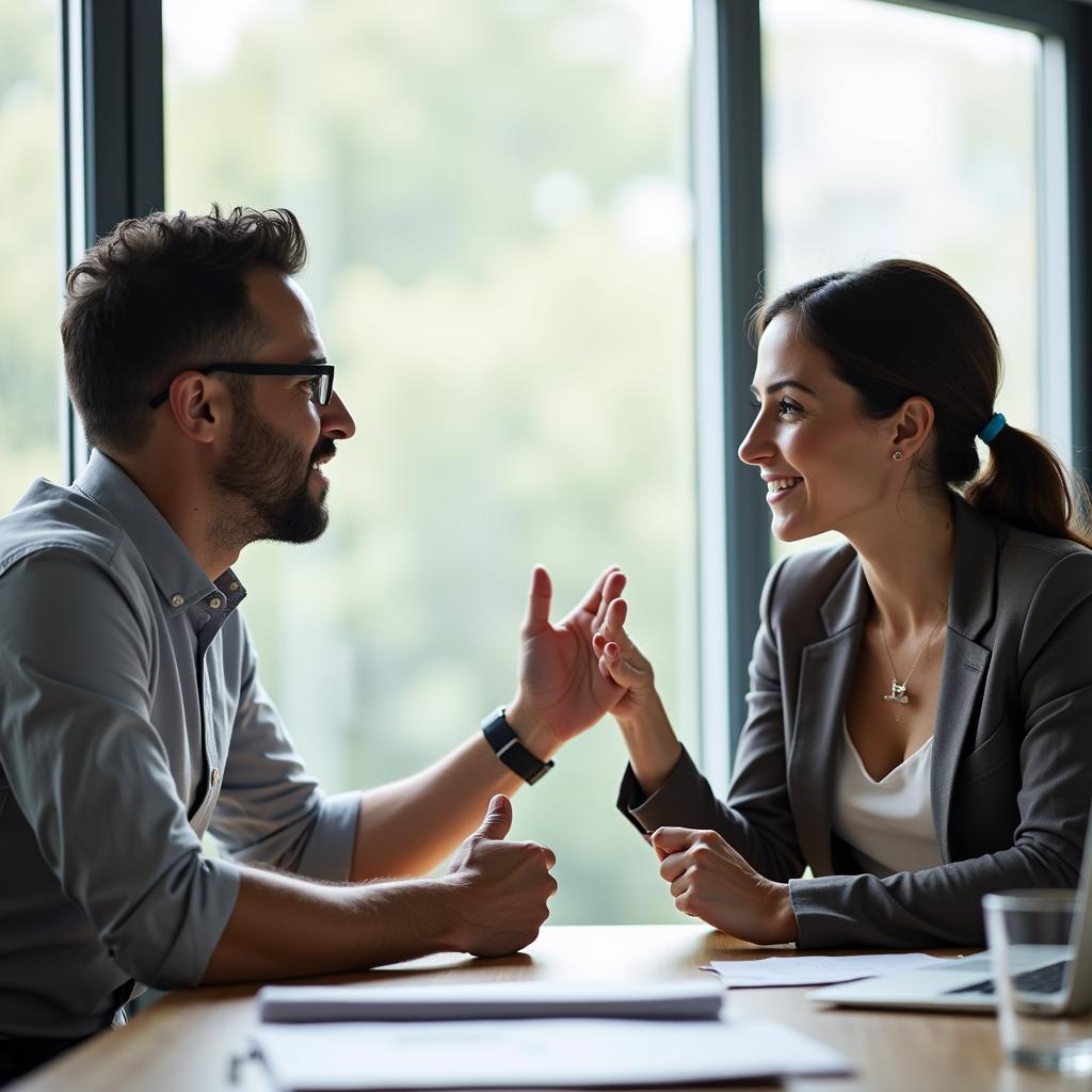 Two professionals discussing calmly to achieve a compromise for resolving a workplace conflict effectively