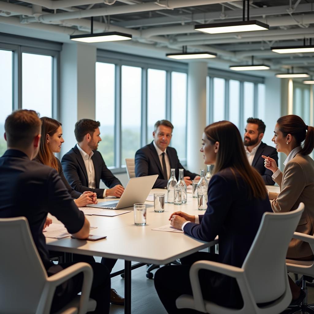 Diverse business team discussing workplace equality initiatives