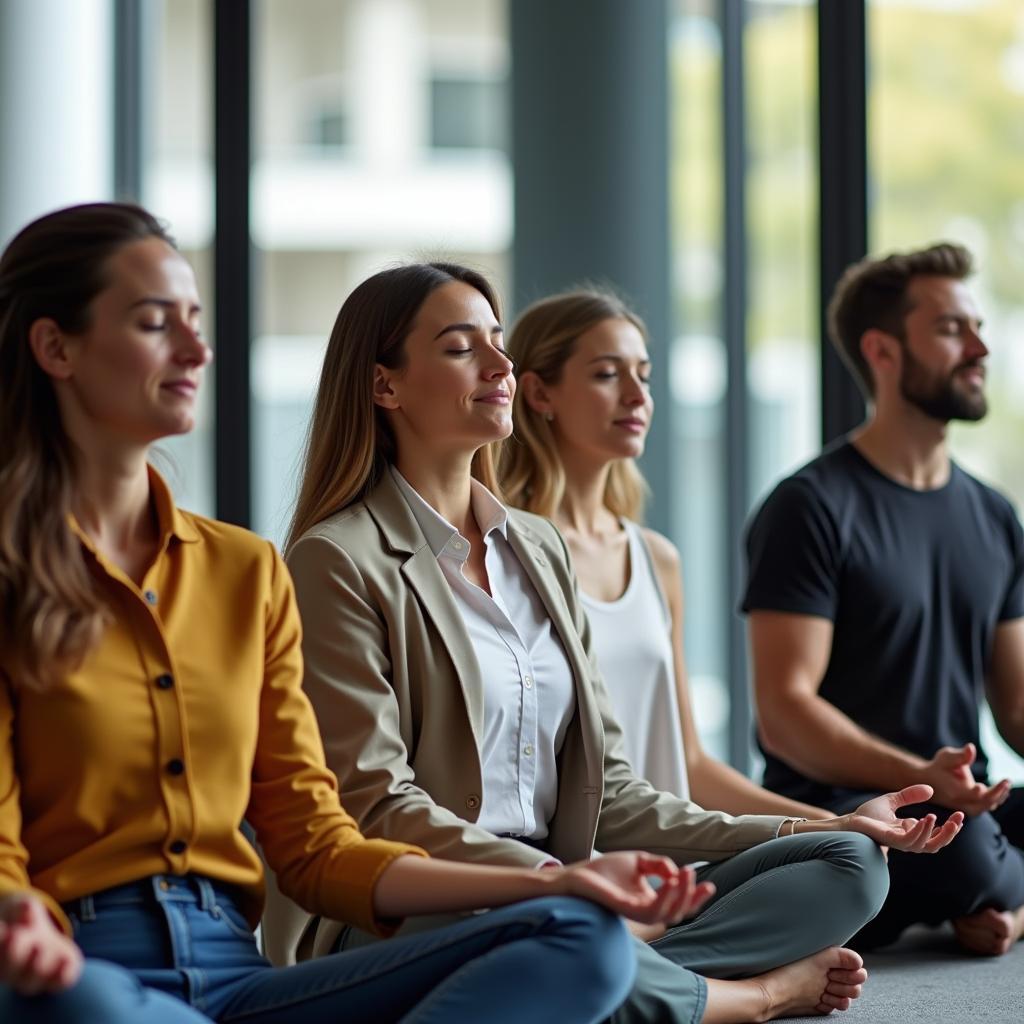 Diverse office employees in a bright, modern office participating in a guided mindfulness session to reduce stress and improve focus.