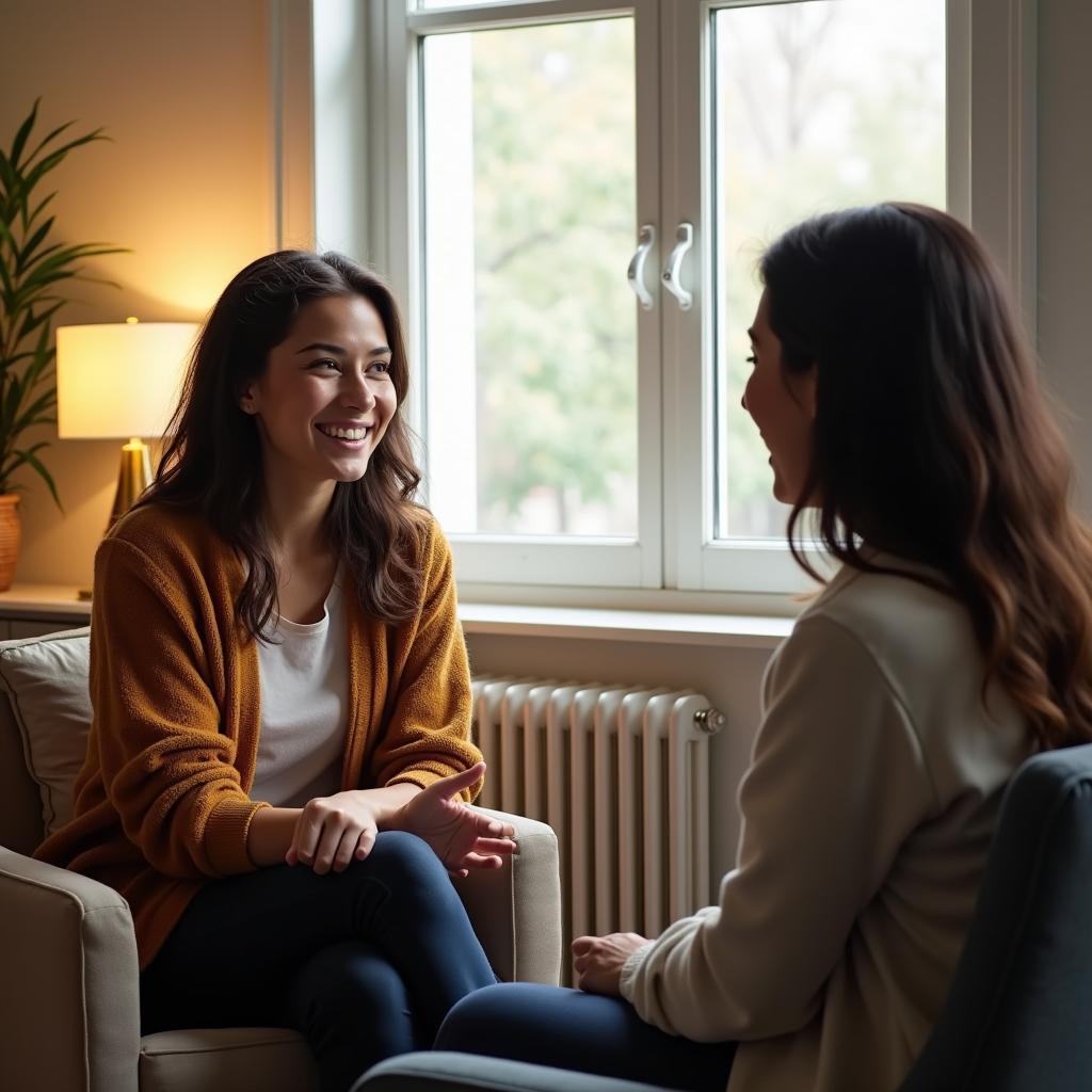 Young adult receiving compassionate mental health support and counseling in a safe, welcoming environment.