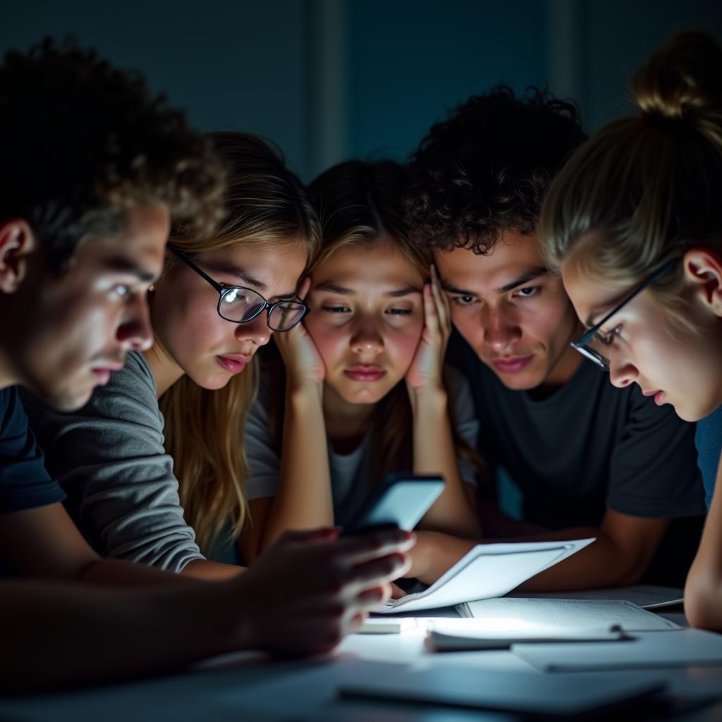 Stressed young adults overwhelmed by academic and social media pressures impacting mental well-being.