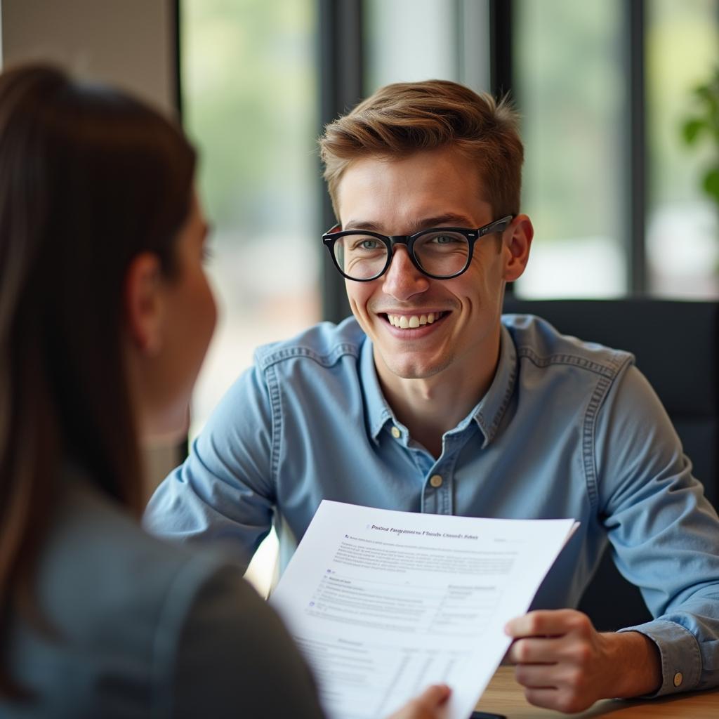 Young entrepreneur confidently discussing a financial plan with a bank representative, showcasing benefits of financial education.