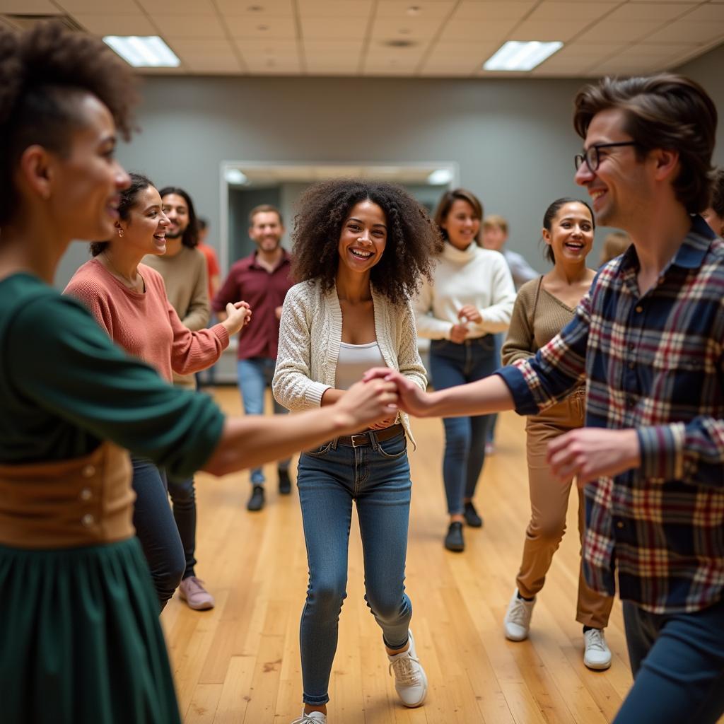 Diverse group of young people enthusiastically learning traditional folk dance steps in a bright studio, showing cultural revival and youth engagement.