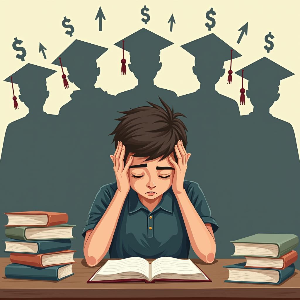 Young person looking stressed and overwhelmed by societal expectations and pressure to achieve specific goals.