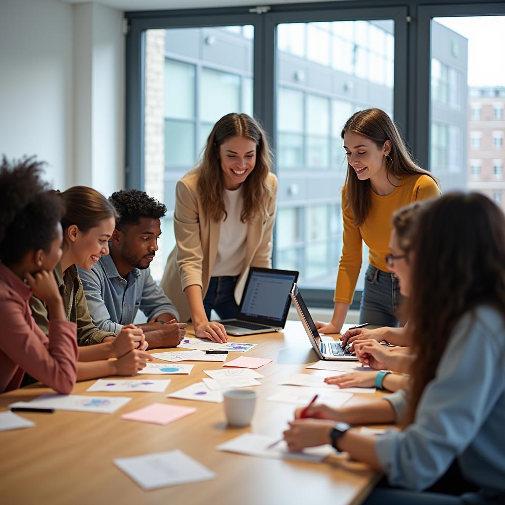 Young diverse students enthusiastically engaging in a workshop or mentorship program for social entrepreneurship, brainstorming innovative solutions.