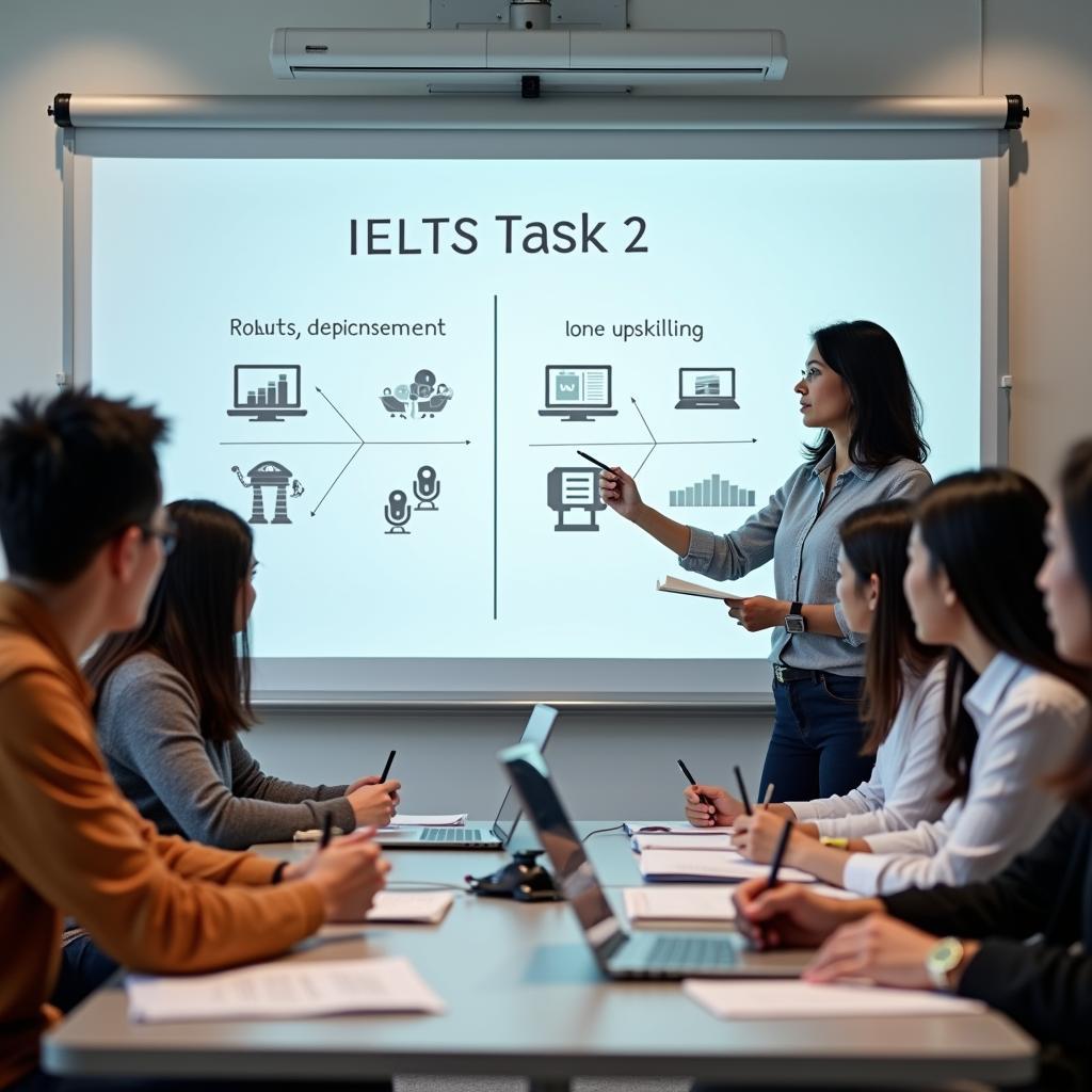 Students writing IELTS essays about AI job impacts