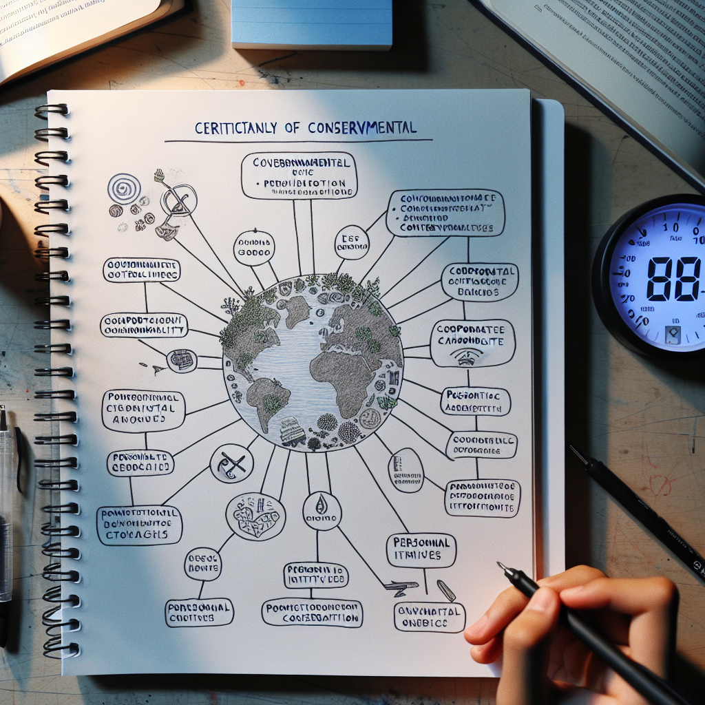 Student planning IELTS Task 2 environmental essay with mind map
