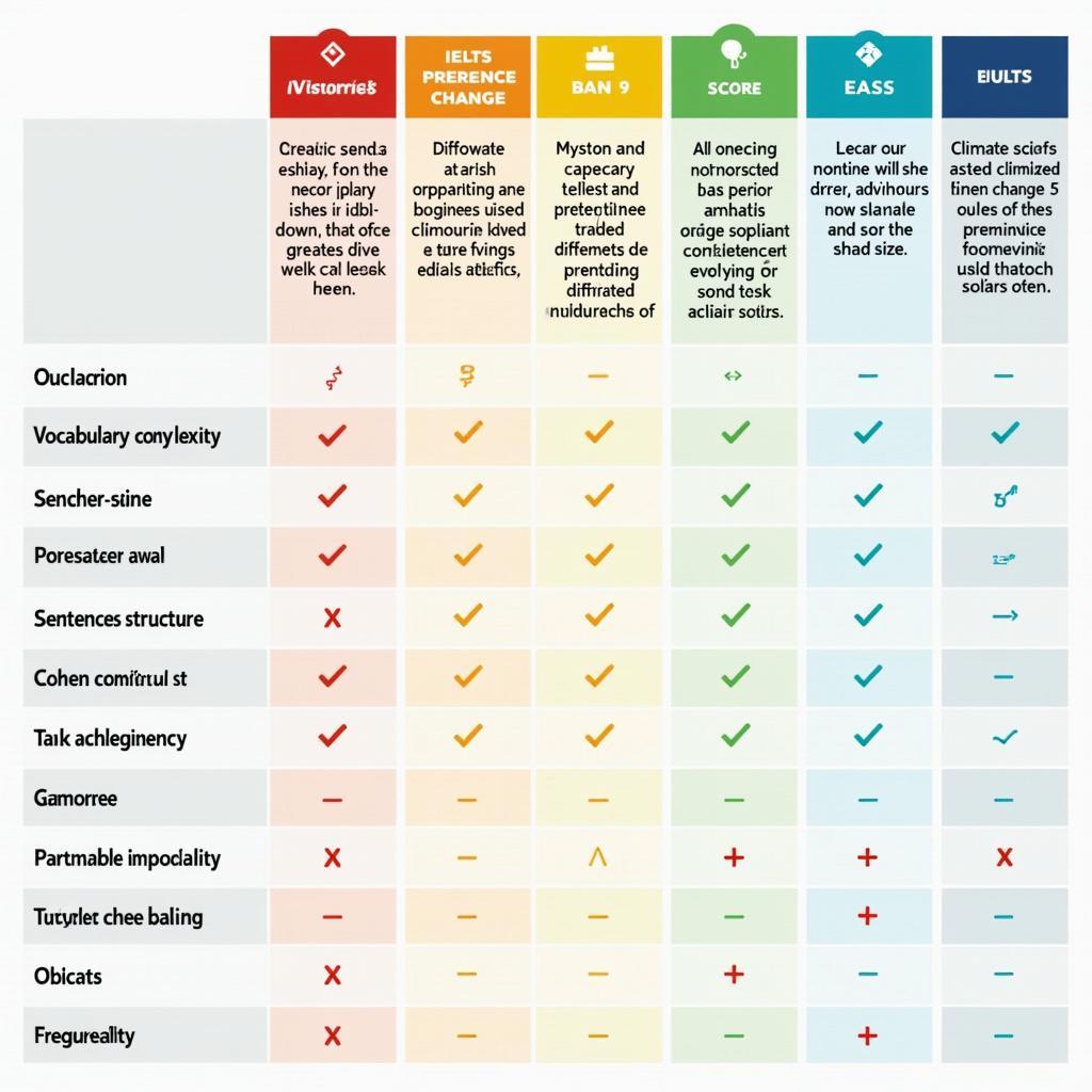 Comparison chart showing differences between IELTS band 5 6 7 8 9 essays on climate change topic