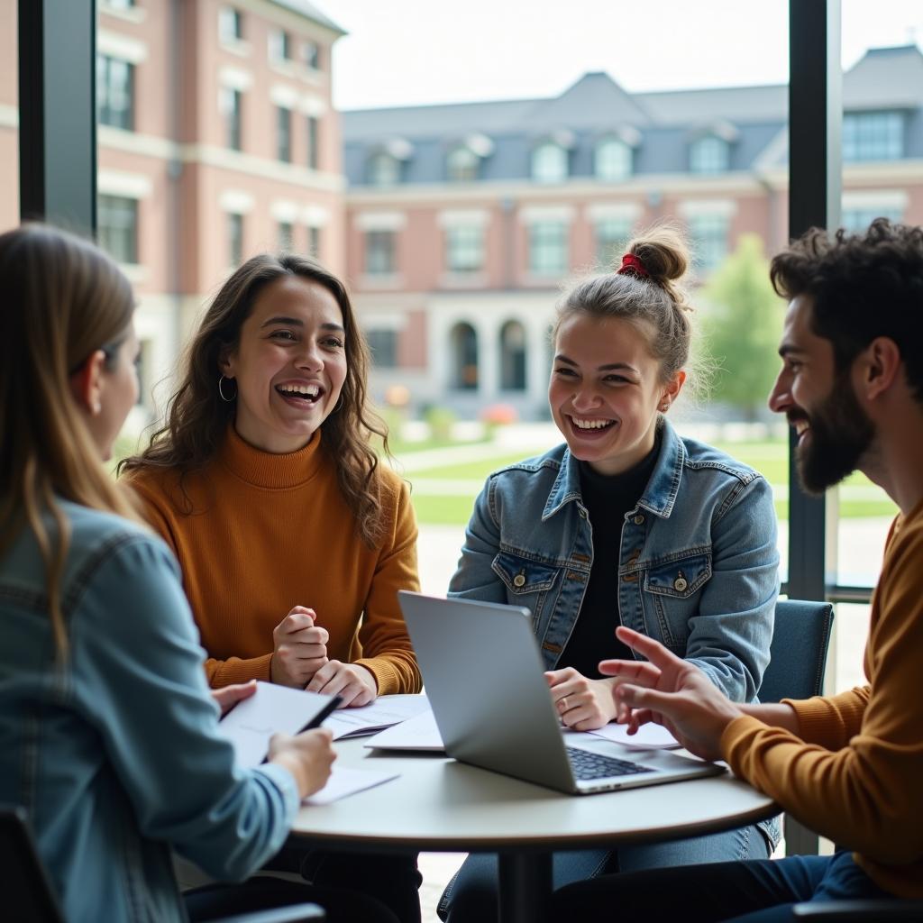 International students engaging in academic discussion at university campus showcasing benefits of studying abroad