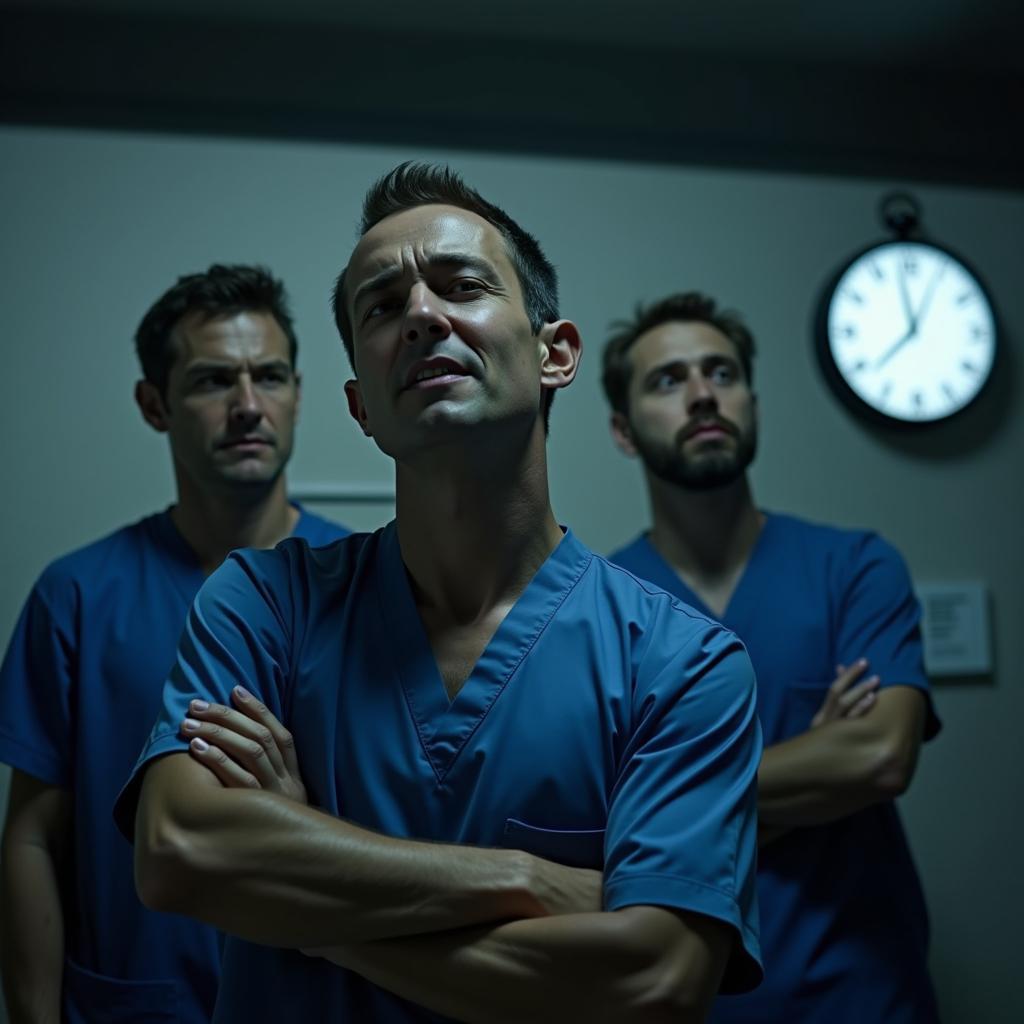 Exhausted workers during night shift showing health strain